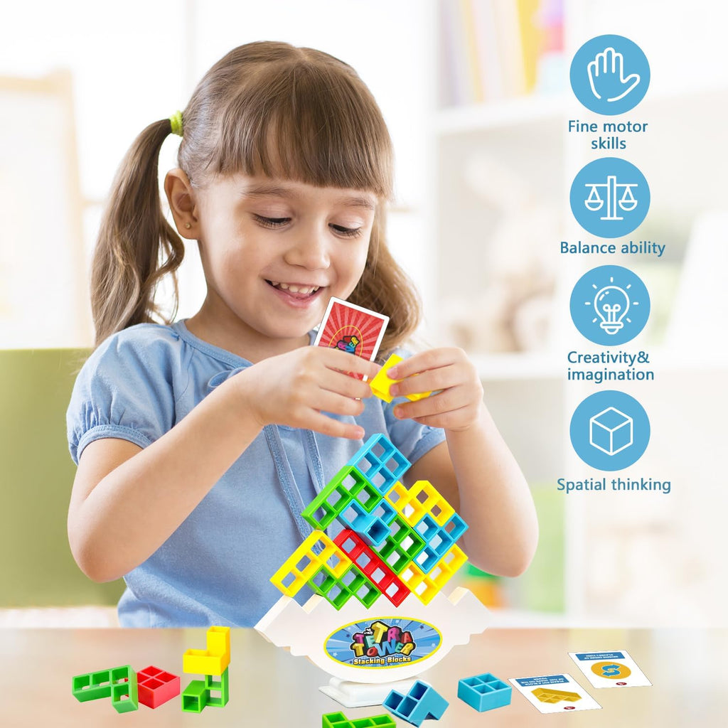 Tetra Balancing Stacking Tower Toys, 32PCS Board Games for Kids & Adults, 2 Players Balance Game Team Building Blocks STEM Toy with Storage Bag, Boys Girls Gifts, Perfect for Family, Parties, Travel