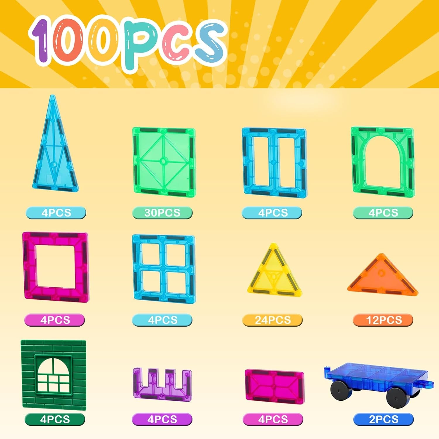 Magnetic Tiles, 100PCS Building Blocks, STEM Magnets Building Toy Set, Preschool Kindergarten Construction Stacking Toy, School Teacher Supplies, Classroom Must Haves