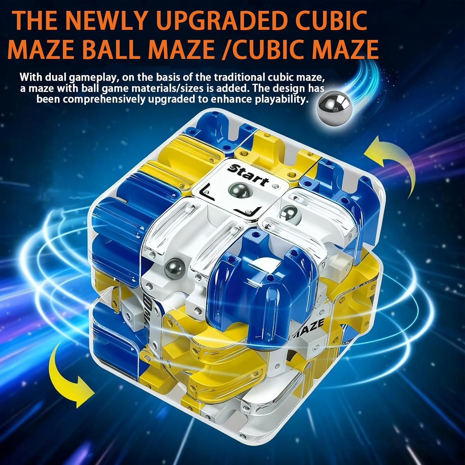 3D Rolling Ball Maze Cube, Marble Labyrinth Cube, 3D Labyrinth Puzzle Cube, Spatial Awareness Brain Training Educational Focus Game Gift for Adults Teens Kids (Yellow & Blue)
