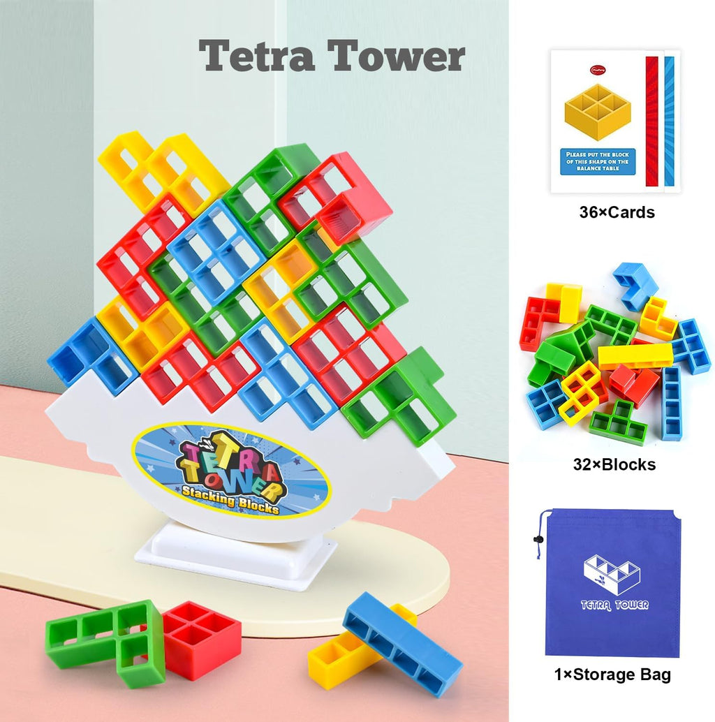 Tetra Balancing Stacking Tower Toys, 32PCS Board Games for Kids & Adults, 2 Players Balance Game Team Building Blocks STEM Toy with Storage Bag, Boys Girls Gifts, Perfect for Family, Parties, Travel