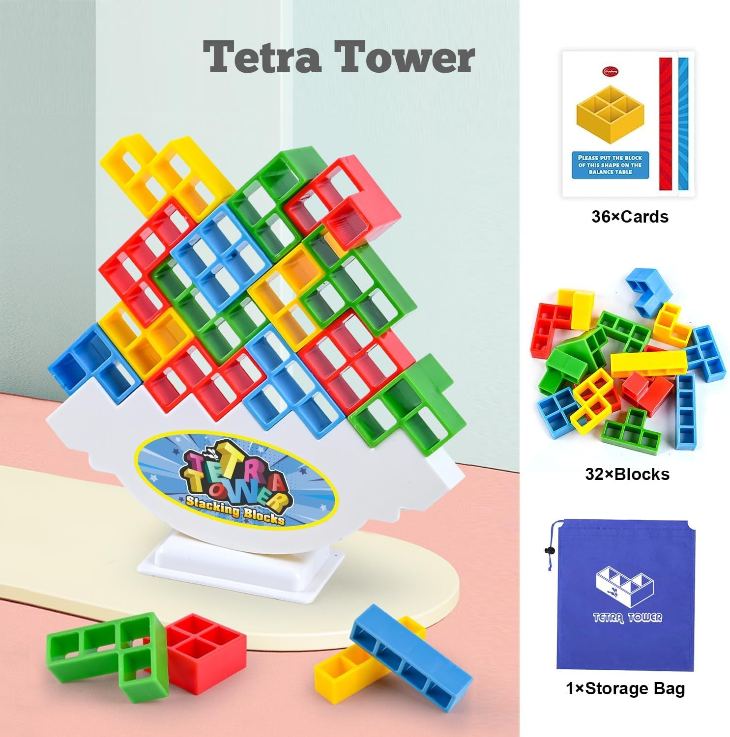Tetra Balancing Stacking Tower Toys, 32PCS Board Games for Kids & Adults, 2 Players Balance Game Team Building Blocks STEM Toy with Storage Bag, Boys Girls Gifts, Perfect for Family, Parties, Travel